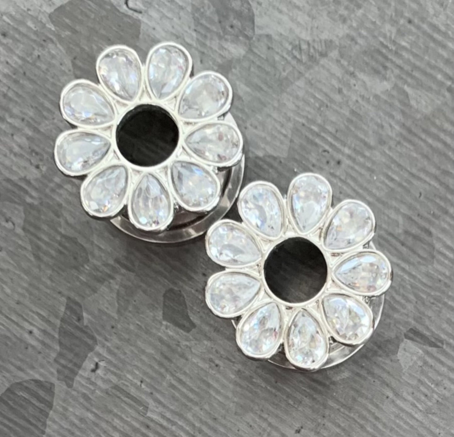 PAIR of Stunning CZ Gem Set Flower Steel Screw Fit Tunnels/Plugs - Clear, Red or Blue - Gauges 4g (5mm) thru 5/8" (16mm) available!