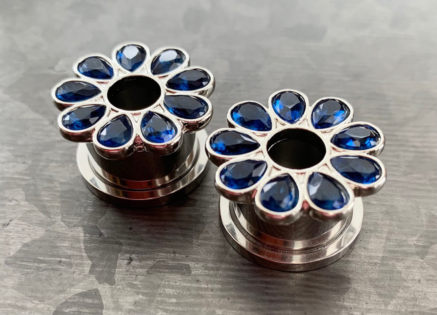 PAIR of Stunning CZ Gem Set Flower Steel Screw Fit Tunnels/Plugs - Clear, Red or Blue - Gauges 4g (5mm) thru 5/8" (16mm) available!
