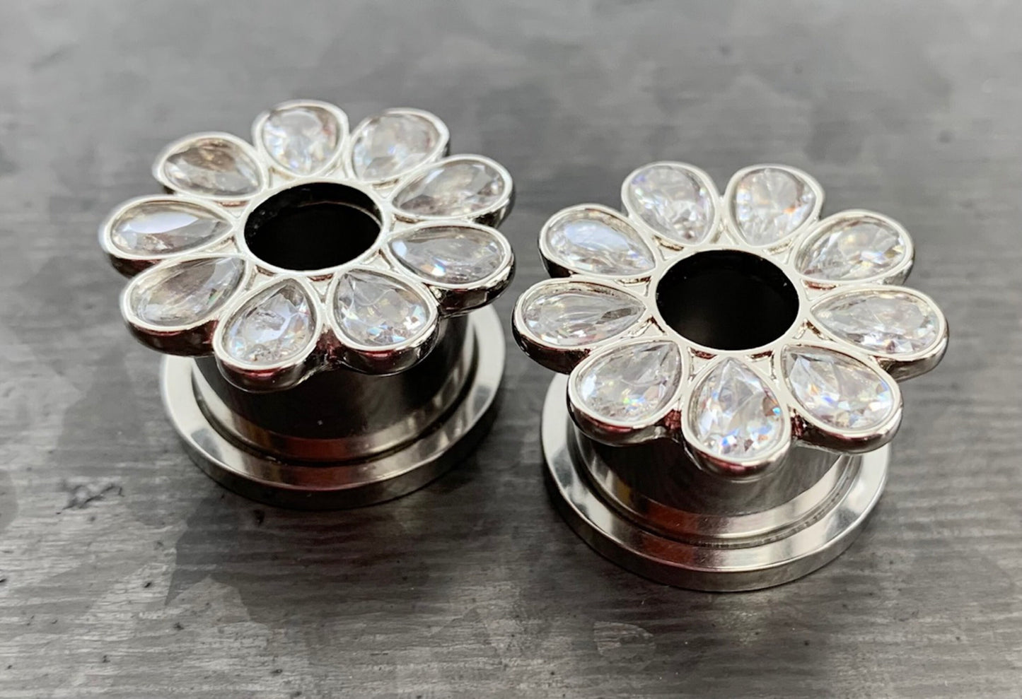 PAIR of Stunning CZ Gem Set Flower Steel Screw Fit Tunnels/Plugs - Clear, Red or Blue - Gauges 4g (5mm) thru 5/8" (16mm) available!