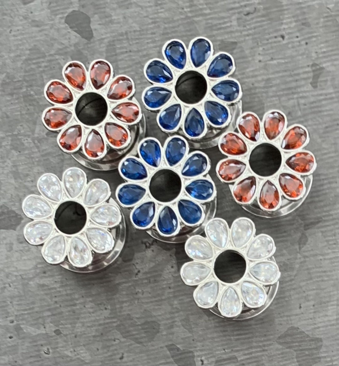 PAIR of Stunning CZ Gem Set Flower Steel Screw Fit Tunnels/Plugs - Clear, Red or Blue - Gauges 4g (5mm) thru 5/8" (16mm) available!