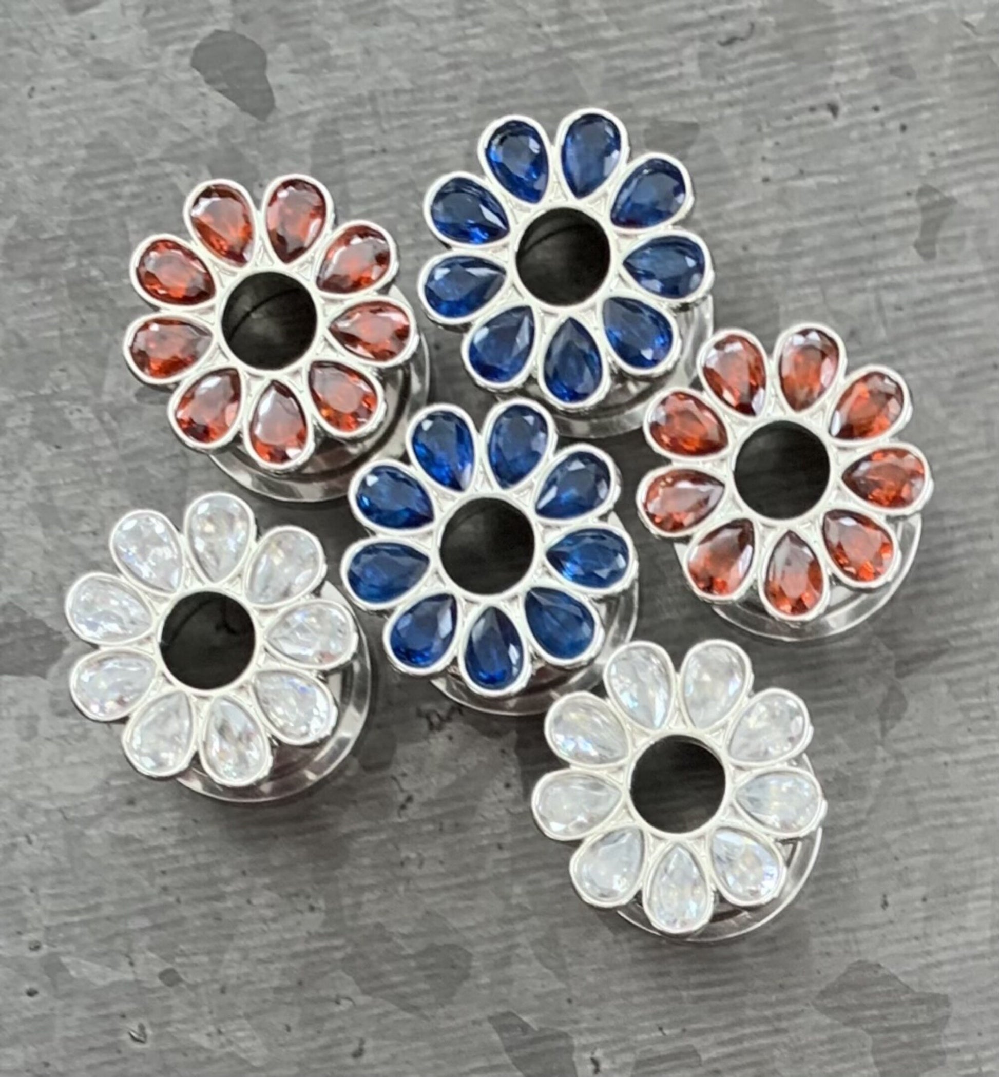 PAIR of Stunning CZ Gem Set Flower Steel Screw Fit Tunnels/Plugs - Clear, Red or Blue - Gauges 4g (5mm) thru 5/8" (16mm) available!