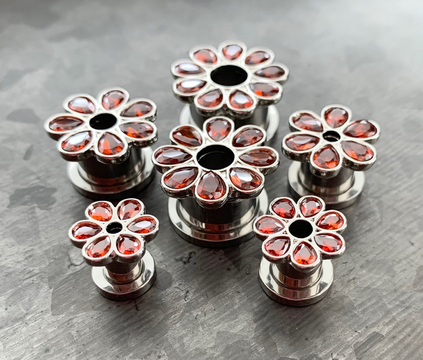 PAIR of Stunning CZ Gem Set Flower Steel Screw Fit Tunnels/Plugs - Clear, Red or Blue - Gauges 4g (5mm) thru 5/8" (16mm) available!