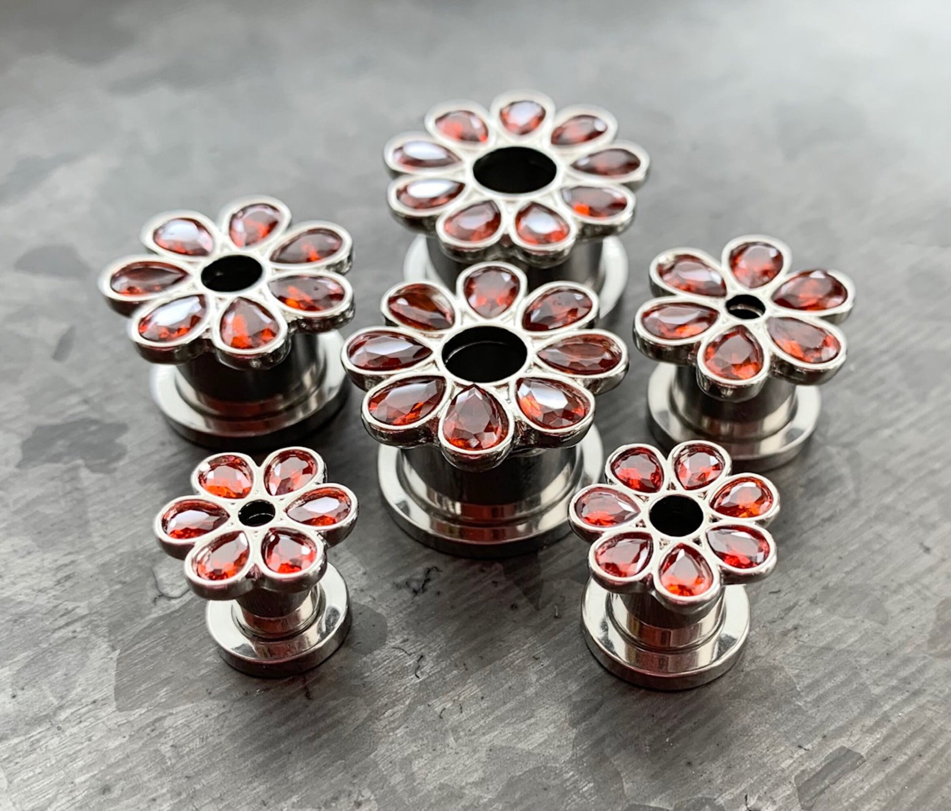 PAIR of Stunning CZ Gem Set Flower Steel Screw Fit Tunnels/Plugs - Clear, Red or Blue - Gauges 4g (5mm) thru 5/8" (16mm) available!