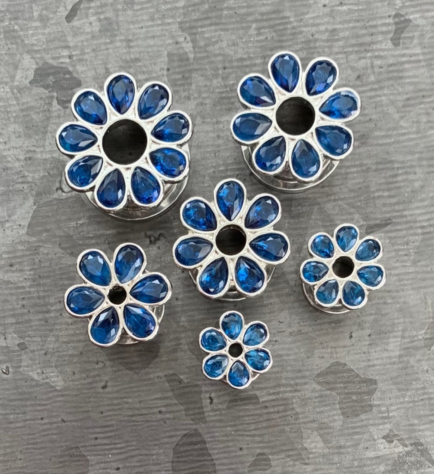 PAIR of Stunning CZ Gem Set Flower Steel Screw Fit Tunnels/Plugs - Clear, Red or Blue - Gauges 4g (5mm) thru 5/8" (16mm) available!