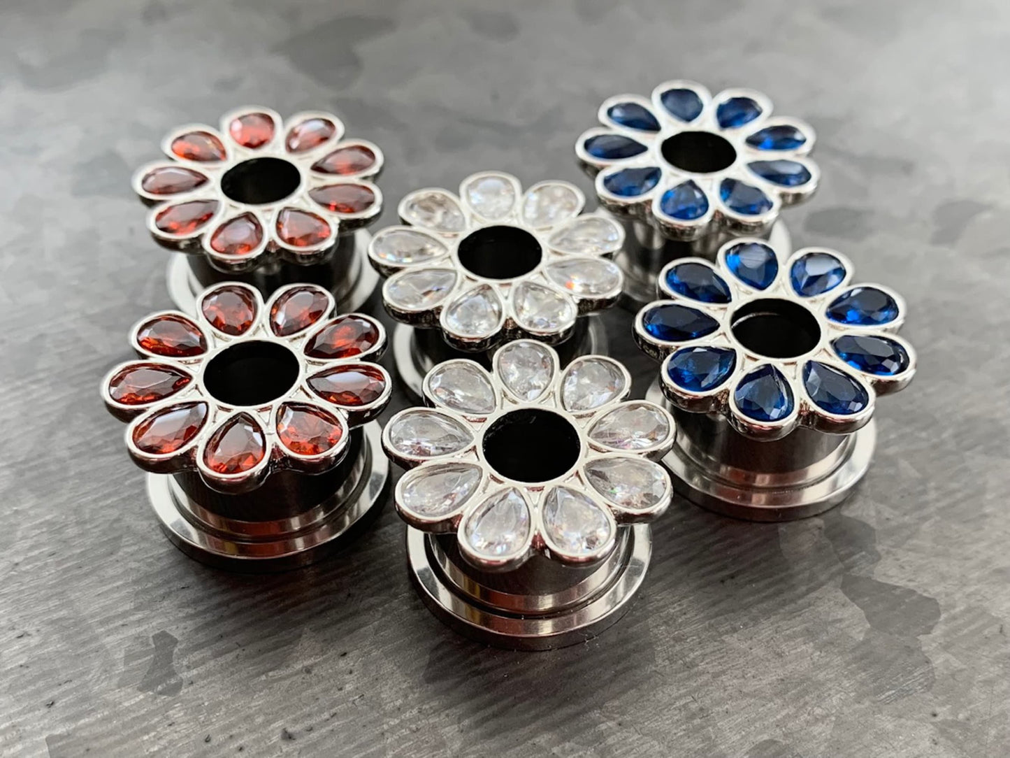 PAIR of Stunning CZ Gem Set Flower Steel Screw Fit Tunnels/Plugs - Clear, Red or Blue - Gauges 4g (5mm) thru 5/8" (16mm) available!
