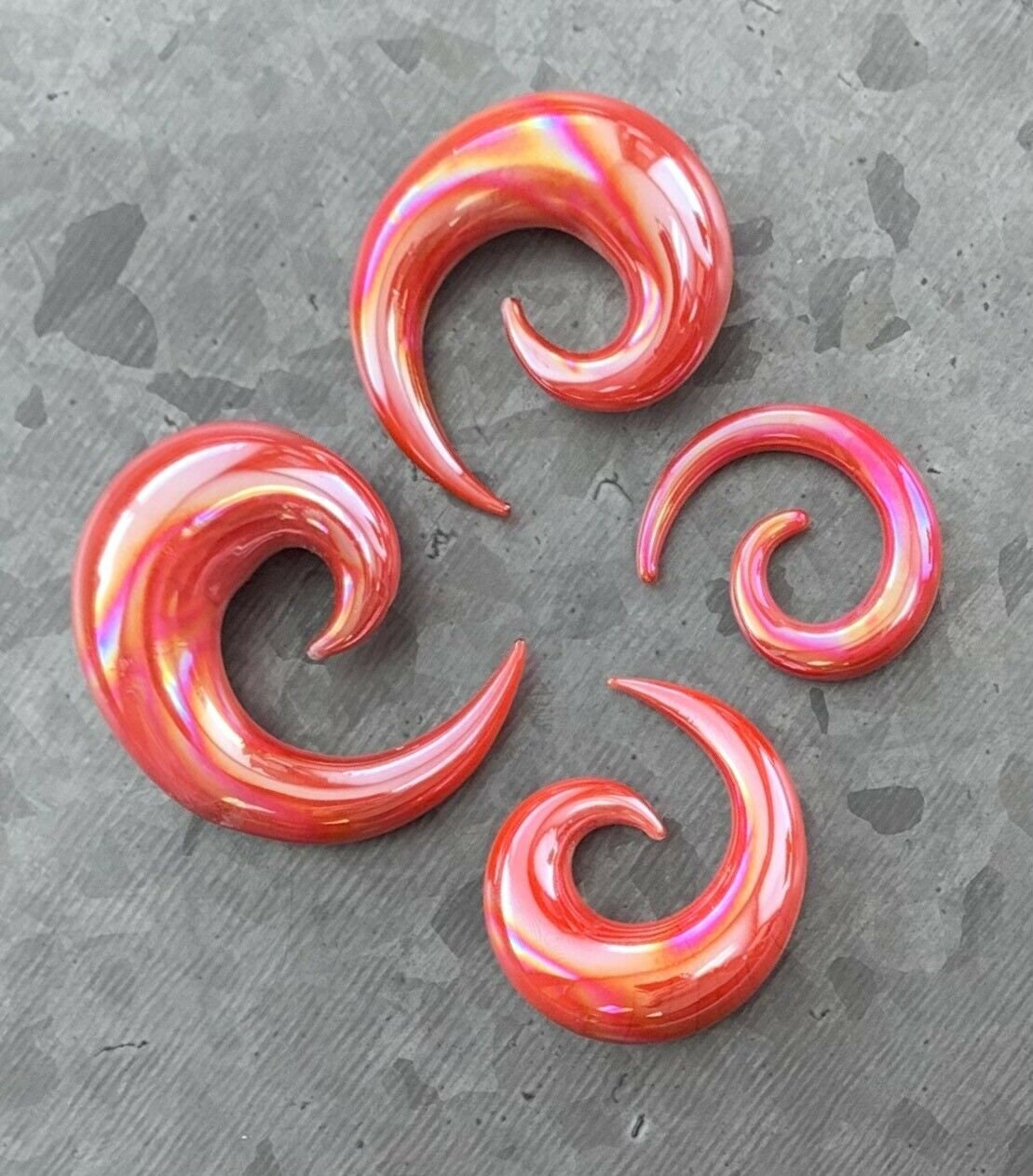 PAIR of Stunning Red Lucifer Glass Spiral Taper Plugs - Expanders Gauges