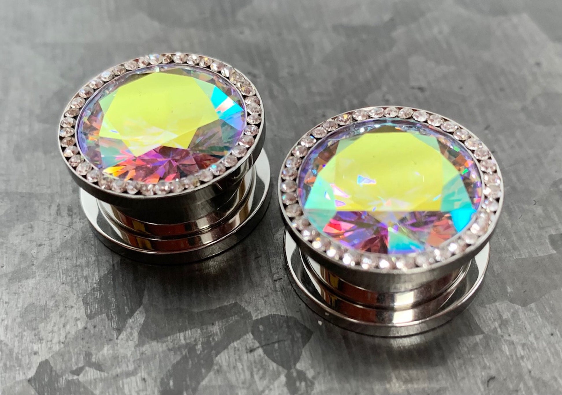 PAIR of Unique Steel Screw Fit Plugs with Large Aurora Borealis CZ Gem Surrounded by a CZ Rim - Gauges 8g (3.2) thru 5/8" (16mm) available!