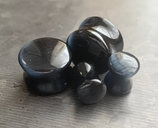 PAIR of Stunning Black Cat Eye Stone Plugs/Tunnels - Gauges 2g (6mm) up to 5/8" (16mm) available!