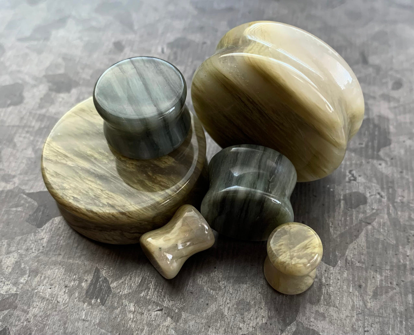 PAIR of Beautiful Green Jasper Organic Stone Double Flare Stone Plugs/Tunnels - Gauges 2g (6mm) up to 1&1/4" (32mm) available!