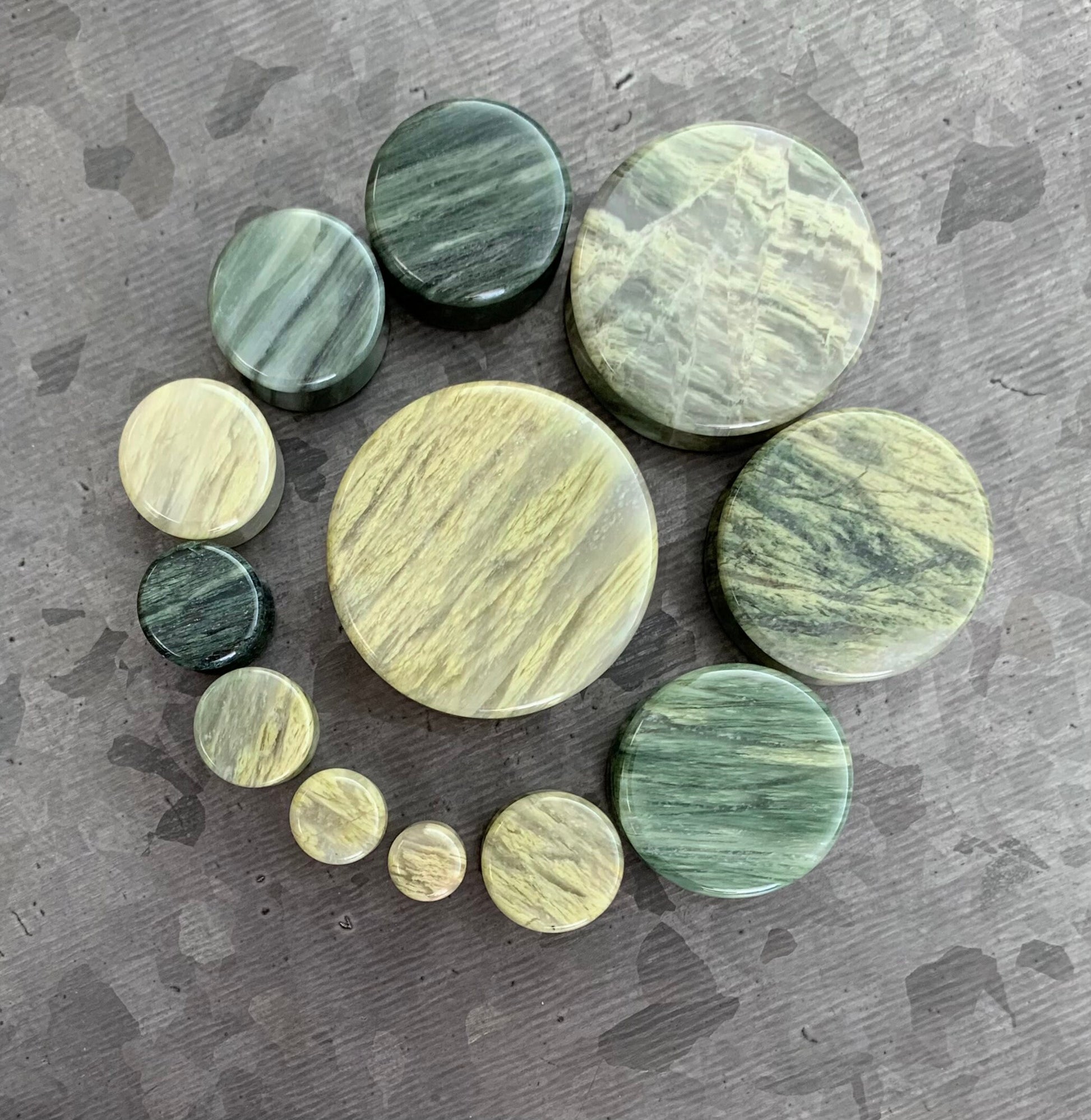 PAIR of Beautiful Green Jasper Organic Stone Double Flare Stone Plugs/Tunnels - Gauges 2g (6mm) up to 1&1/4" (32mm) available!