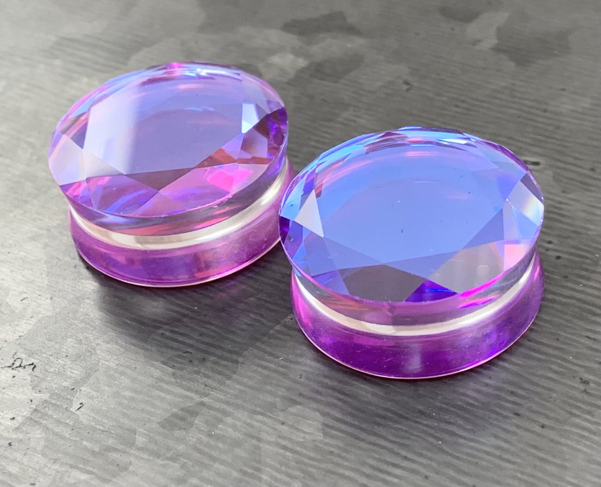 PAIR of Stunning Faceted Mermaid Iridescent Glass Double Flare Plugs - Gauges 2g (6.5mm) thru 1" (25mm) available!