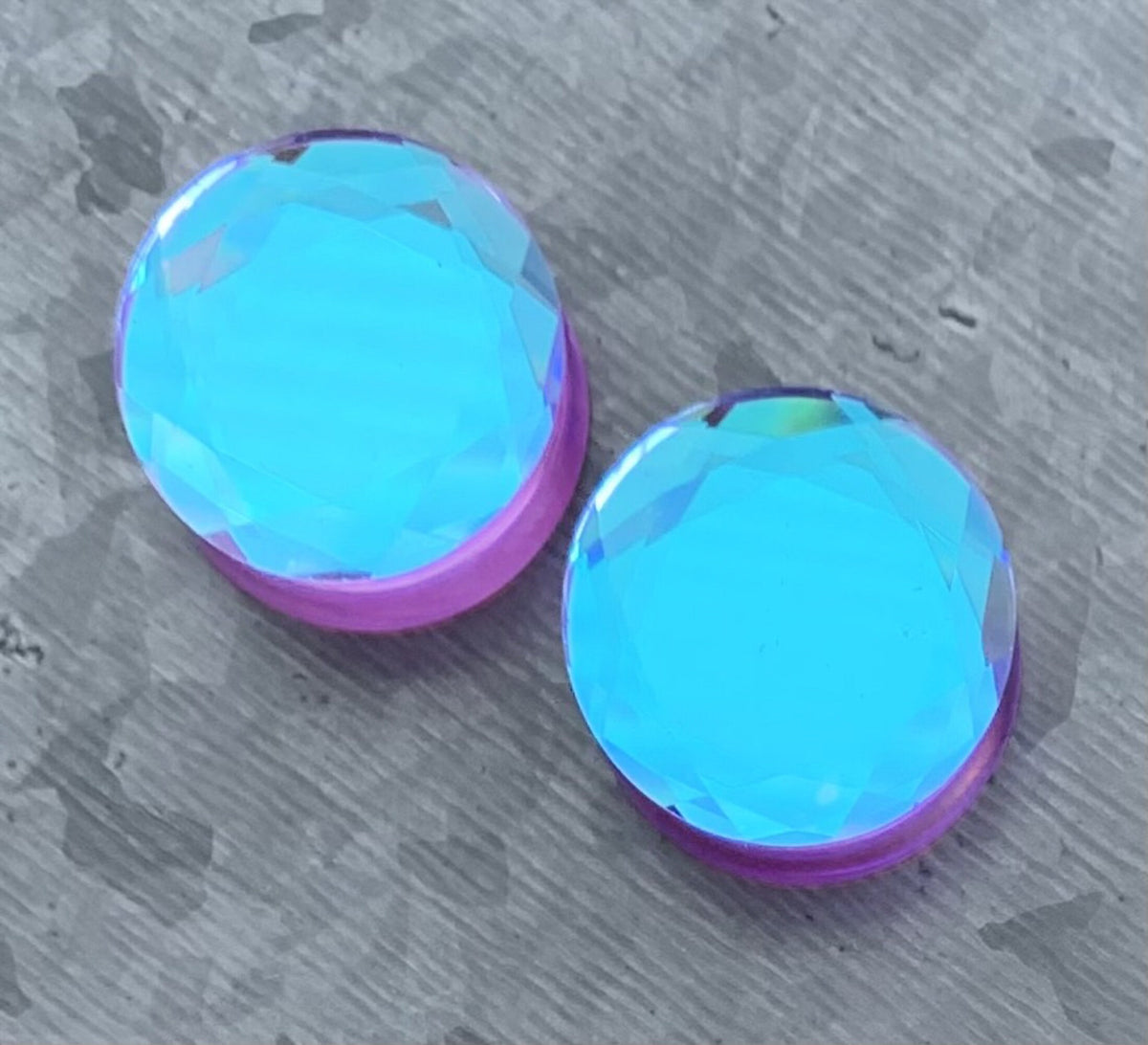 PAIR of Stunning Faceted Mermaid Iridescent Glass Double Flare Plugs - Gauges 2g (6.5mm) thru 1" (25mm) available!