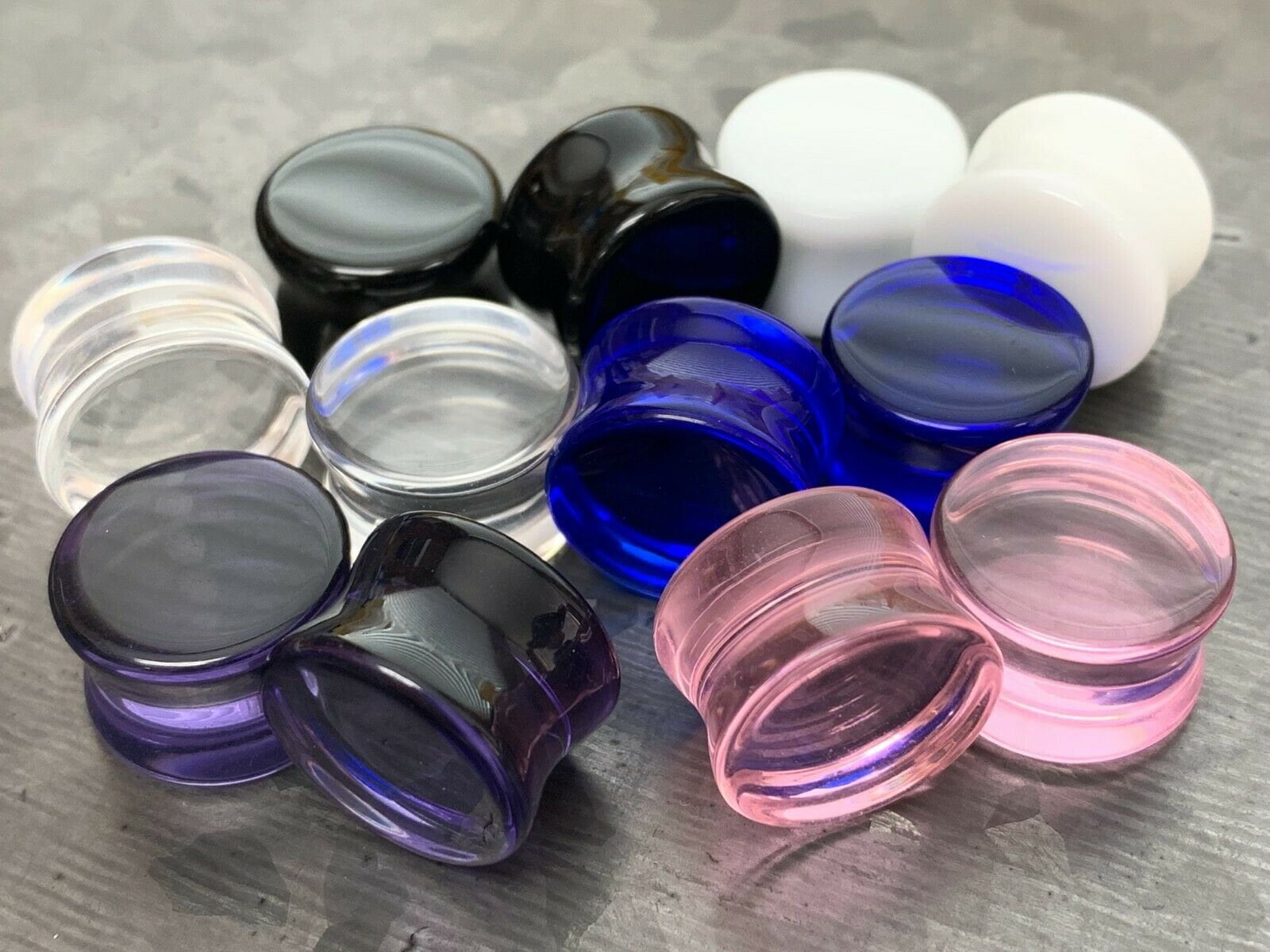 PAIR of Beautiful Flat Glass Double Flare Plugs - Black, Clear, White, Purple, Blue and Pink available!