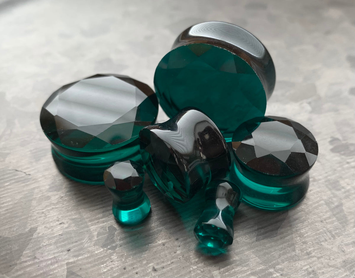 PAIR of Stunning Faceted Glass Double Flare Plugs - Black, Clear, Pink, Red, Purple and Teal Available!