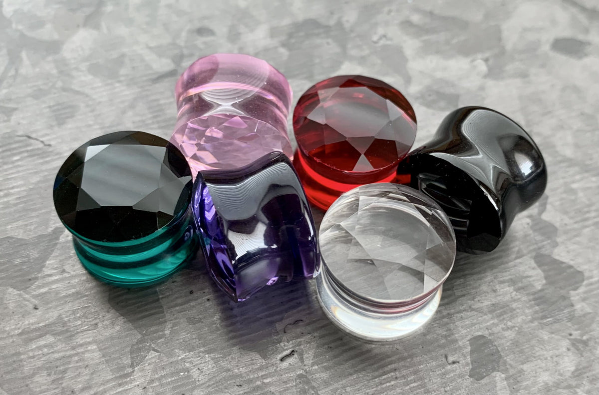 PAIR of Stunning Faceted Glass Double Flare Plugs - Black, Clear, Pink, Red, Purple and Teal Available!
