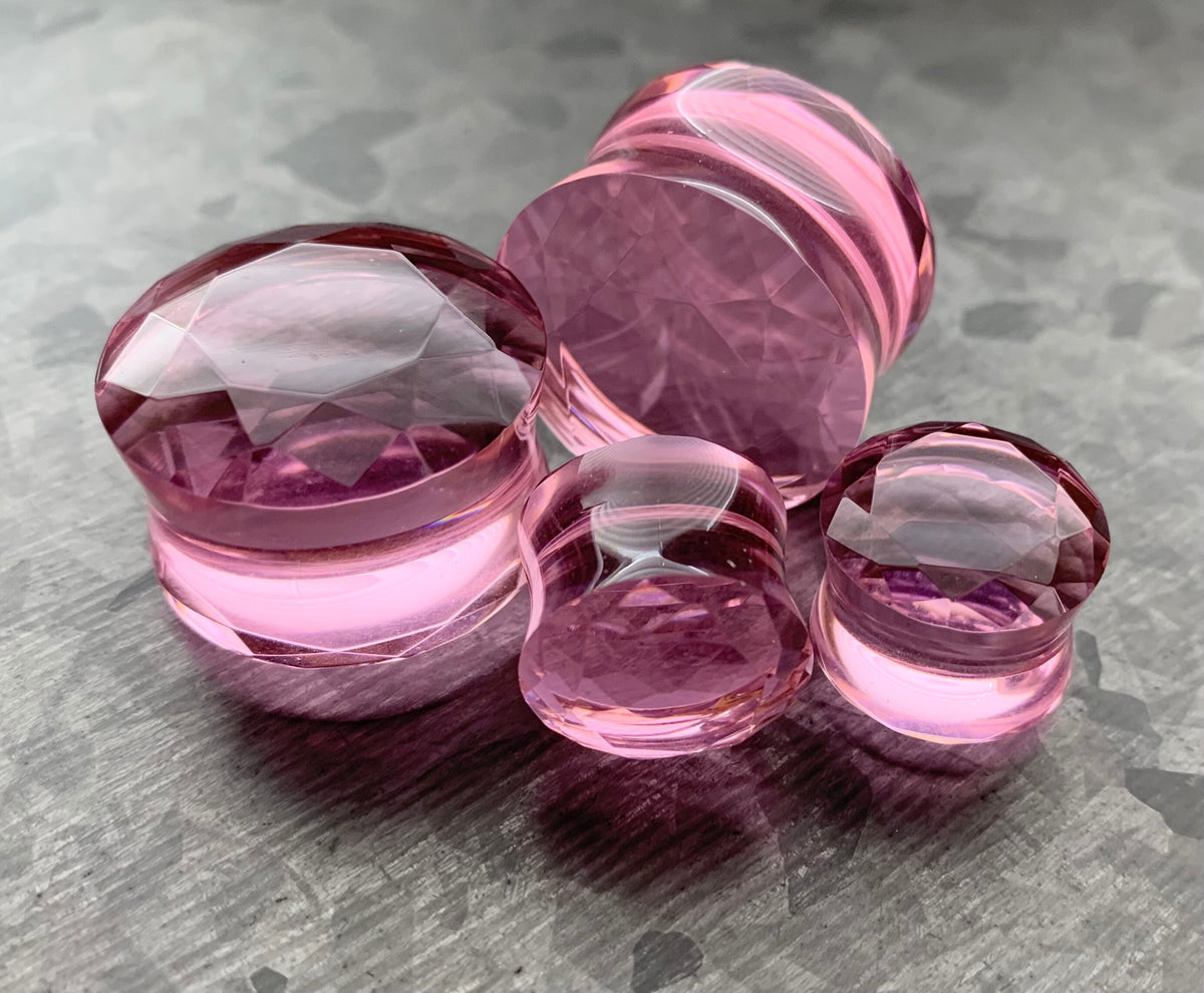 PAIR of Stunning Faceted Glass Double Flare Plugs - Black, Clear, Pink, Red, Purple and Teal Available!