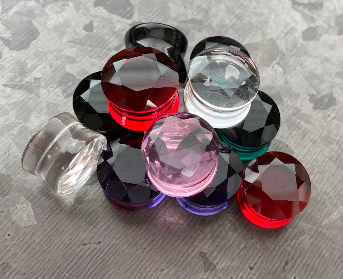 PAIR of Stunning Faceted Glass Double Flare Plugs - Black, Clear, Pink, Red, Purple and Teal Available!