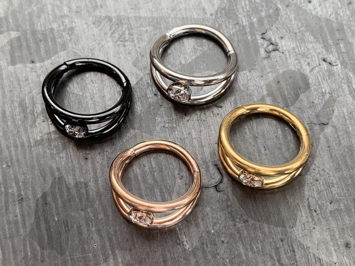 1 Piece Stunning Double Hoop Surgical Steel CZ Gem Hinged Segment Ring - 16g , 8mm - Can be used for Septum, Helix & Daith!