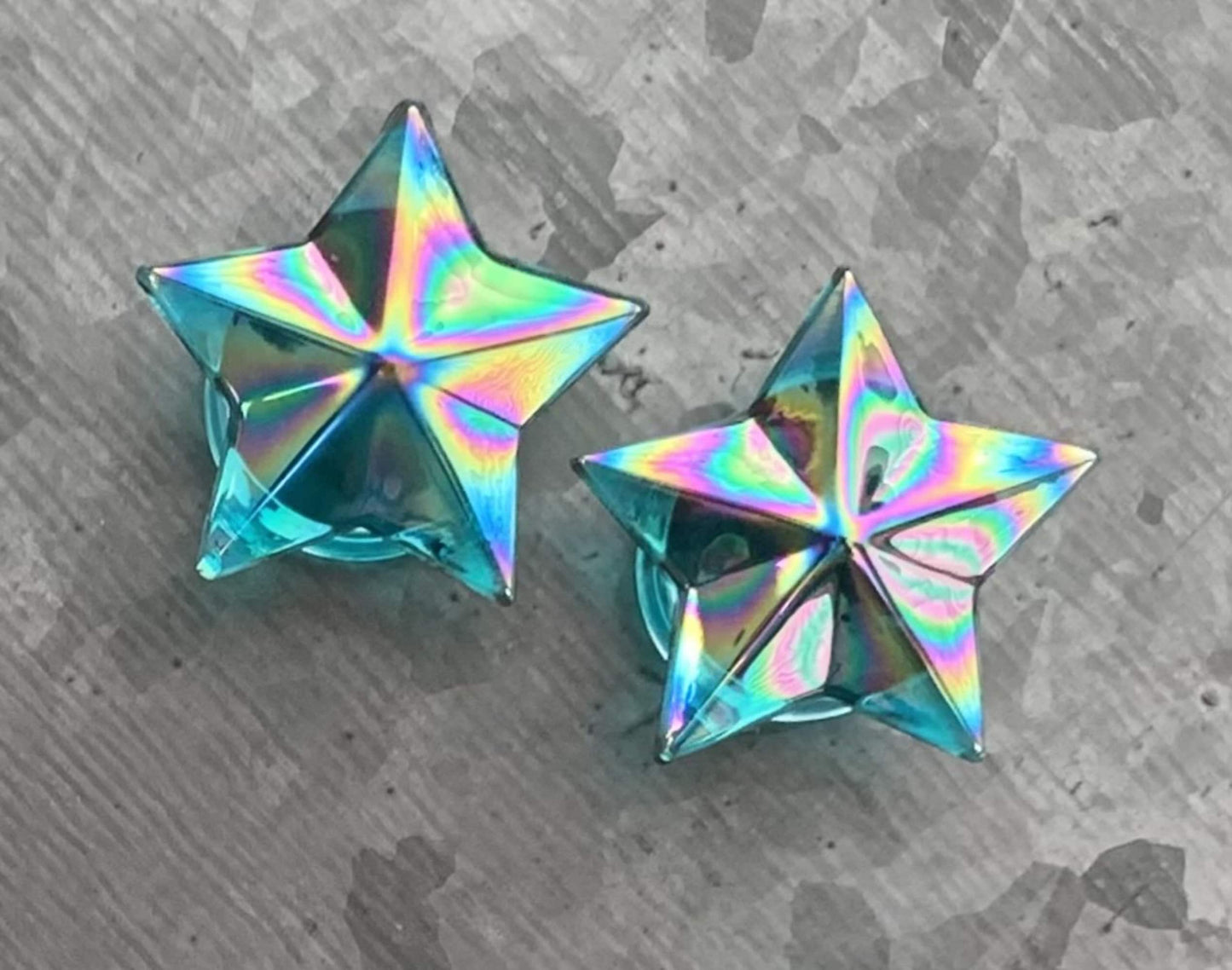 PAIR of Stunning Blue Aurora Borealis Glass Star Double Flare Plugs - ONLY 12MM (1/2") LEFT!