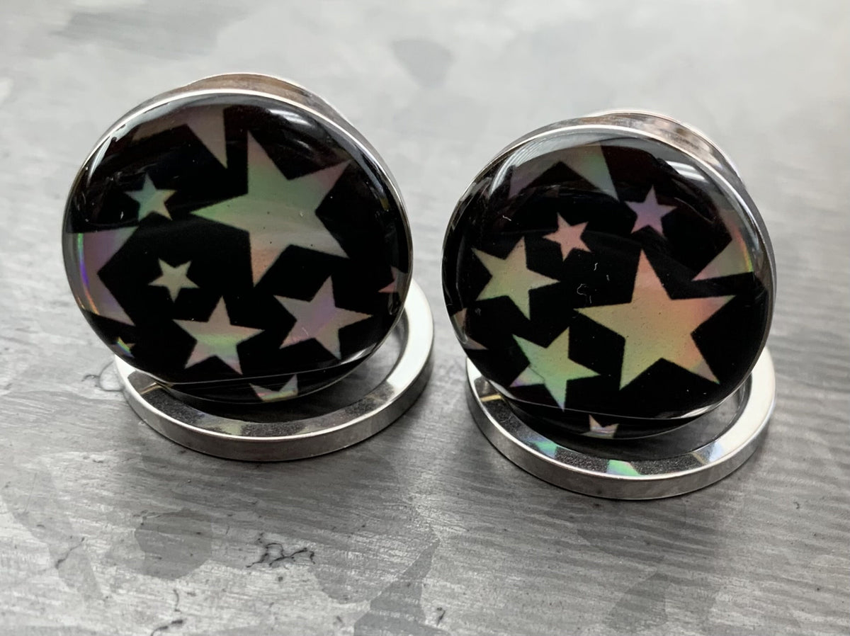 PAIR of Beautiful Hologram Star Screw Fit Surgical Steel Tunnels/Plugs - Gauges 2g (6mm) thru 5/8" (16mm) available!