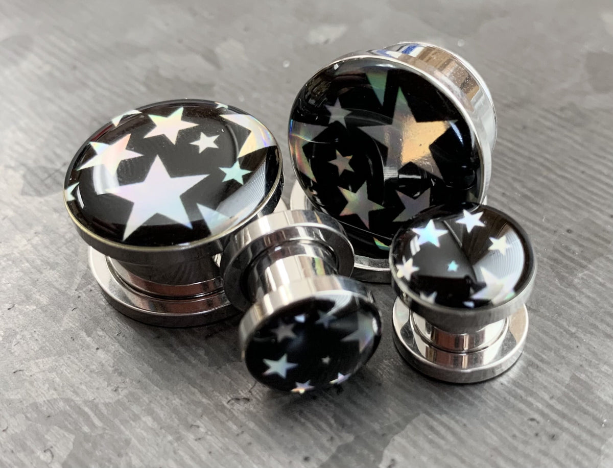 PAIR of Beautiful Hologram Star Screw Fit Surgical Steel Tunnels/Plugs - Gauges 2g (6mm) thru 5/8" (16mm) available!