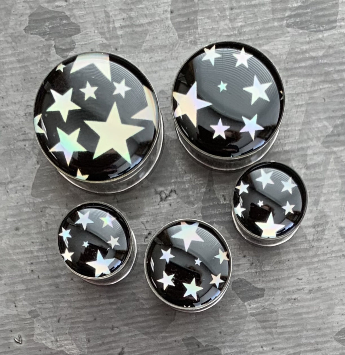PAIR of Beautiful Hologram Star Screw Fit Surgical Steel Tunnels/Plugs - Gauges 2g (6mm) thru 5/8" (16mm) available!