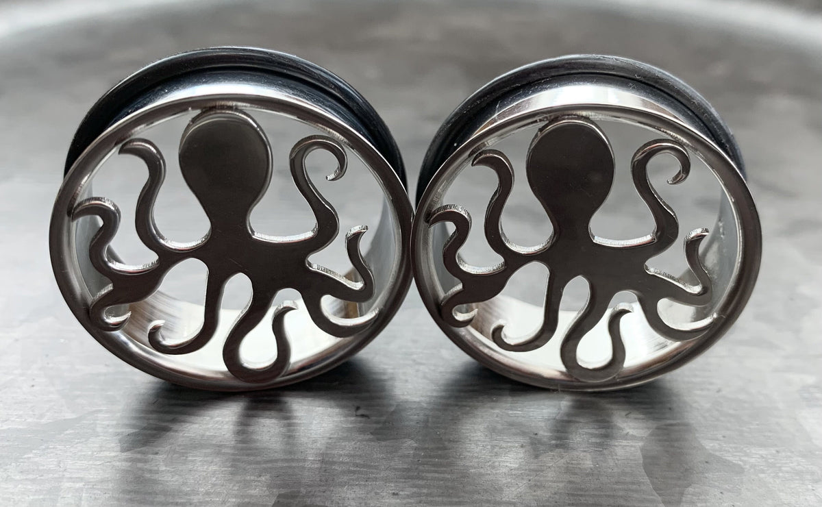 PAIR of Unique Octopus Surgical Steel Single Flare Tunnels/Plugs with O-Rings - Gauges 0g (8mm) thru - 1&3/16" (30mm) Available!