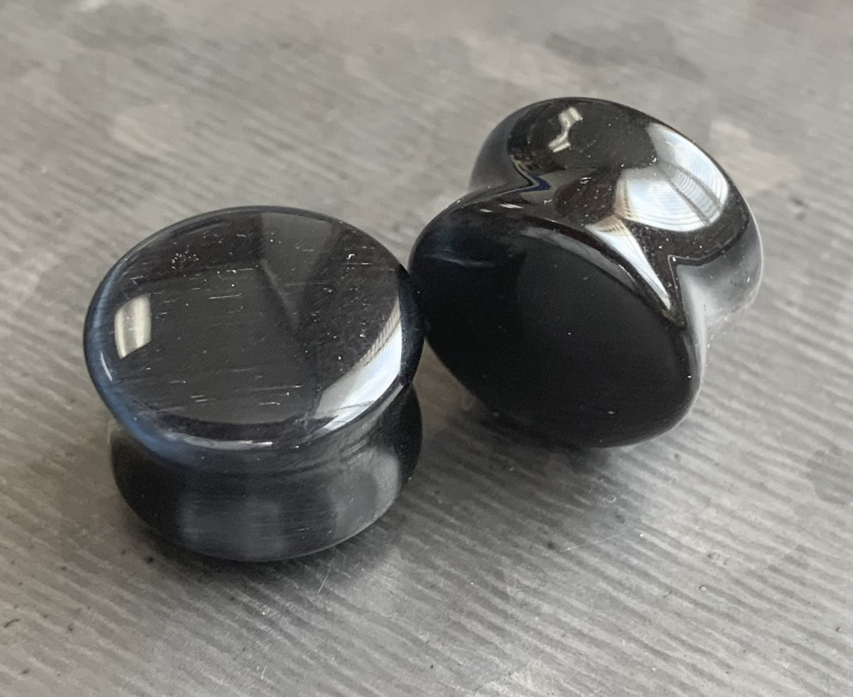 PAIR of Stunning Black Cat Eye Stone Plugs/Tunnels - Gauges 2g (6mm) up to 5/8" (16mm) available!