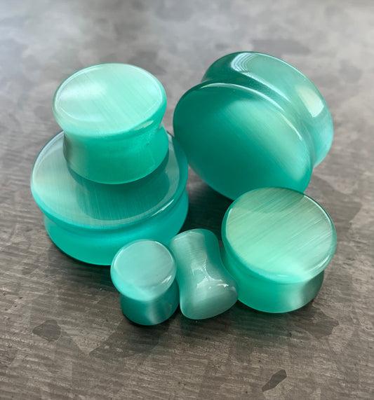 PAIR of Stunning Sea Foam Green Cat Eye Stone Plugs/Tunnels - Gauges 2g (6mm) up to 1" (25mm) available!