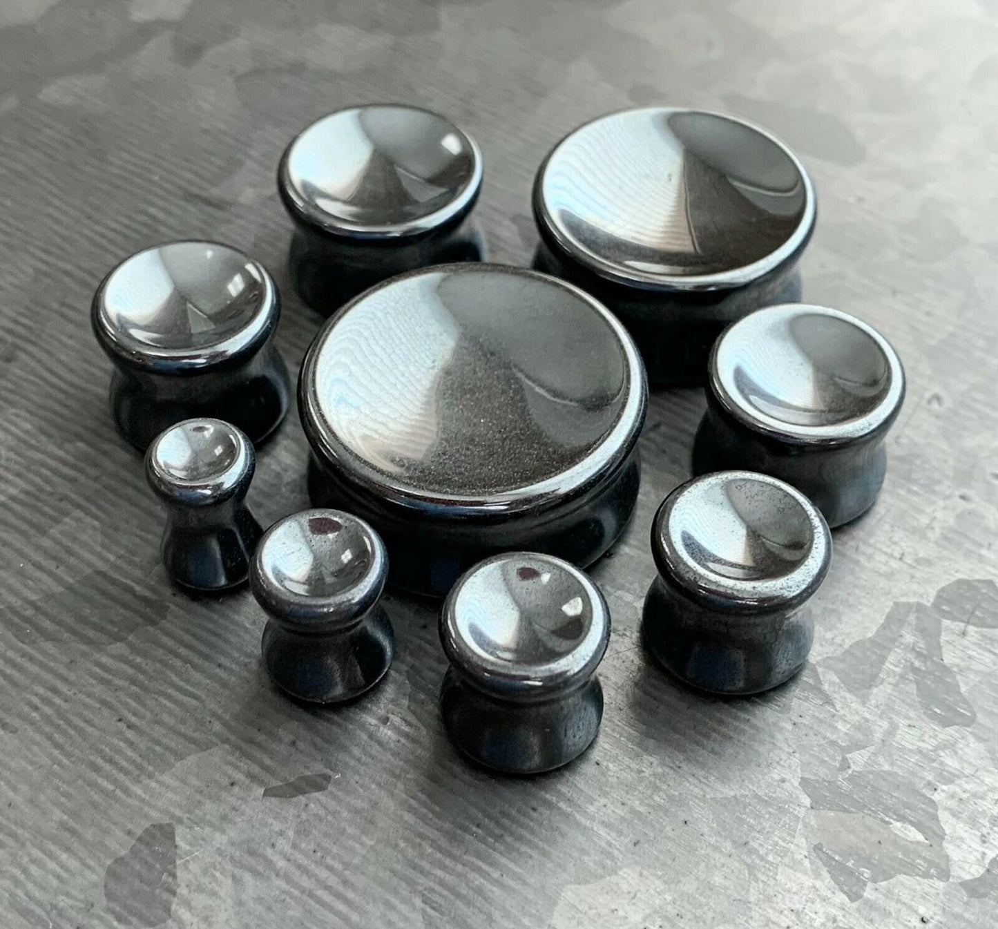 PAIR of Beautiful Concave Hematite Organic Stone Double Flare Plugs - Gauges 2g (6mm) up to 1" (25mm) available!