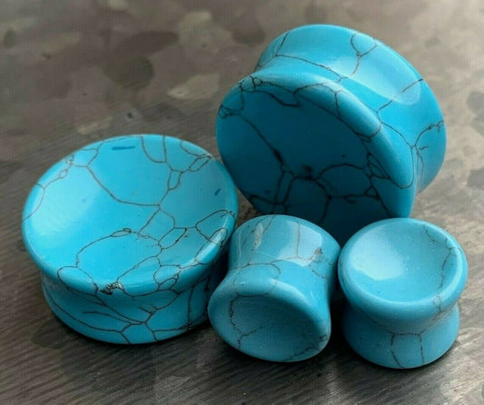 PAIR of Unique Concave Turquoise Organic Stone Double Flare Plugs - Gauges 6g (4mm) up to 1" (25mm) available!