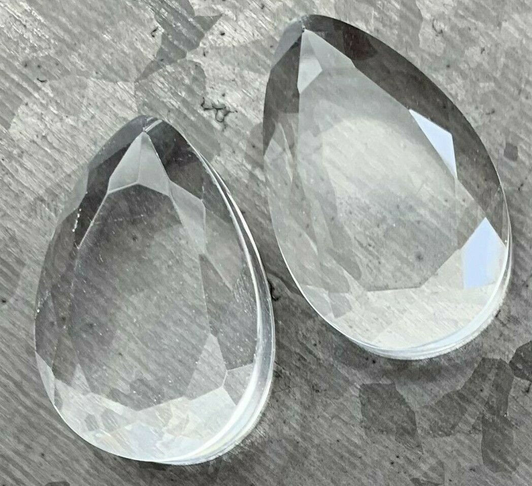 PAIR of Stunning Faceted Clear Glass Teardrop / Tear Drop Double Flare Plugs - Gauges 0g (8mm) up to 1" (25mm) available!