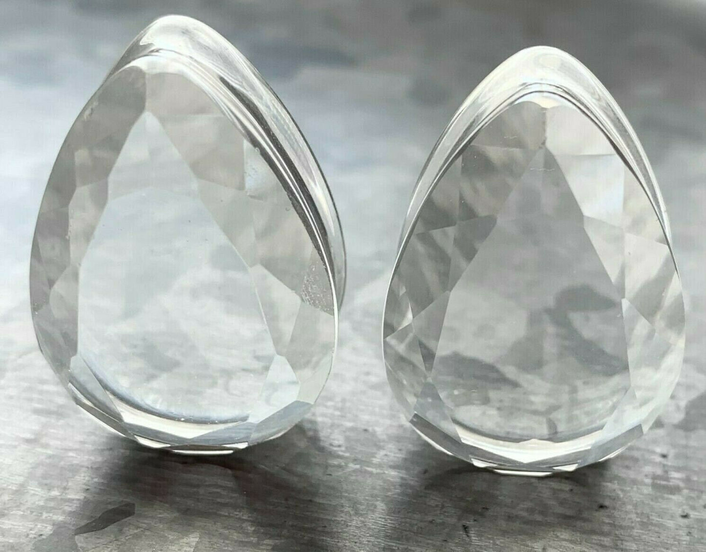 PAIR of Stunning Faceted Clear Glass Teardrop / Tear Drop Double Flare Plugs - Gauges 0g (8mm) up to 1" (25mm) available!