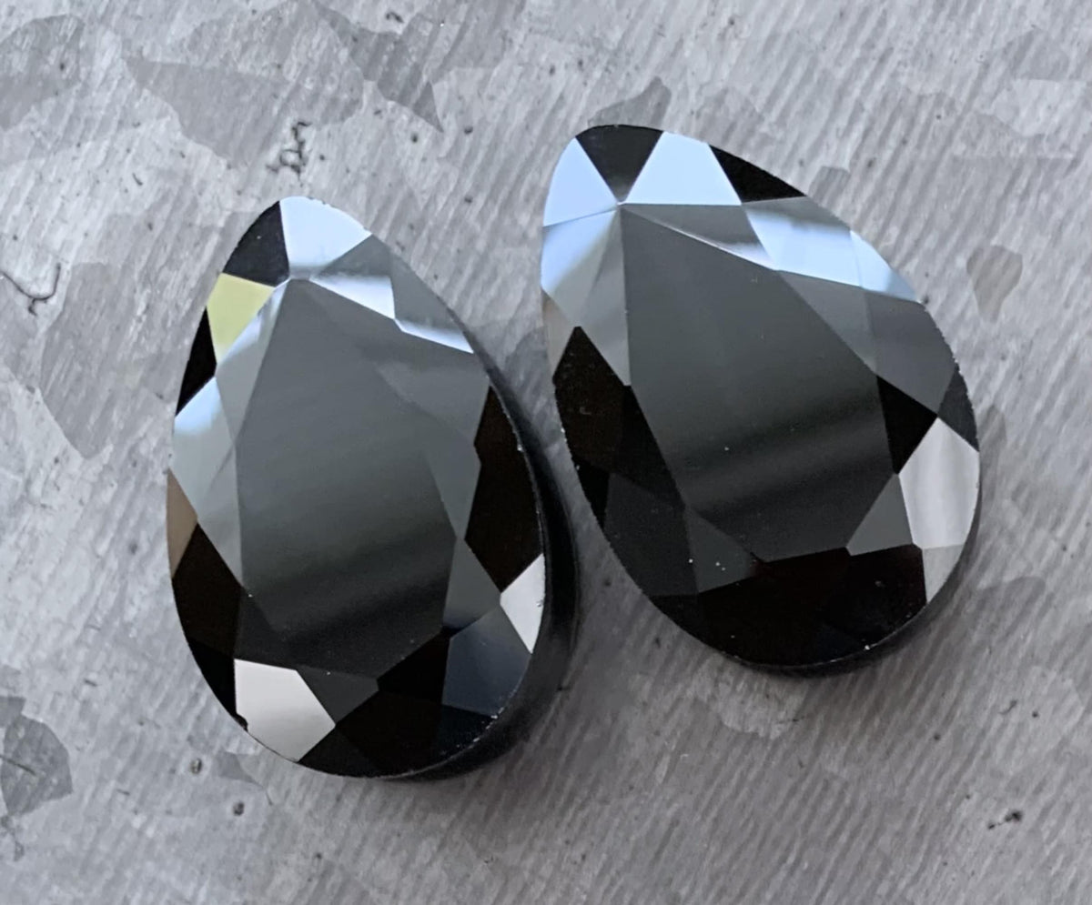 PAIR of Unique Faceted Black Glass Teardrop / Tear Drop Double Flare Plugs - Gauges 0g (8mm) up to 1" (25mm) available!