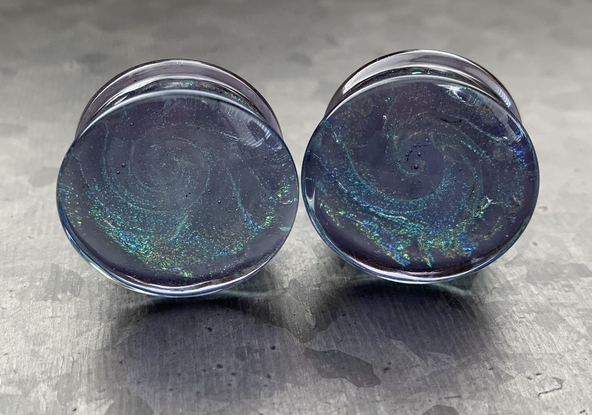 PAIR of Beautiful Lavender Sparkle Galaxy Swirl Design Pyrex Glass Plugs - Gauges 2g (6mm) through 1" (25mm) available!