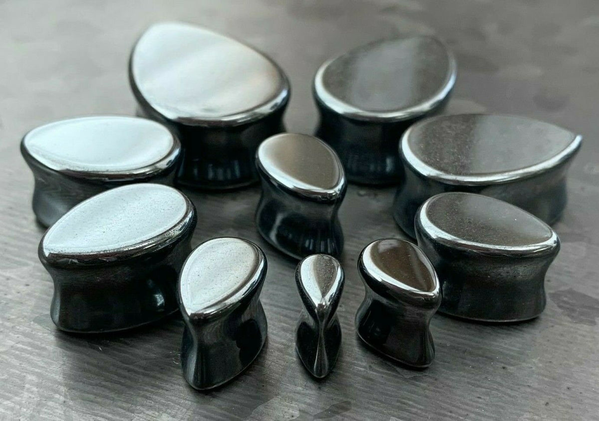 PAIR of Unique Hematite Organic Teardrop / Tear Drop Stone Double Flare Plugs - Gauges 2g (6mm) up to 1" (25mm) available!