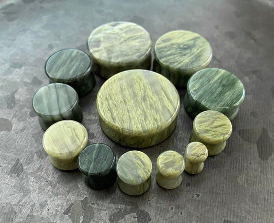 PAIR of Beautiful Green Jasper Organic Stone Double Flare Stone Plugs/Tunnels - Gauges 2g (6mm) up to 1&1/4" (32mm) available!