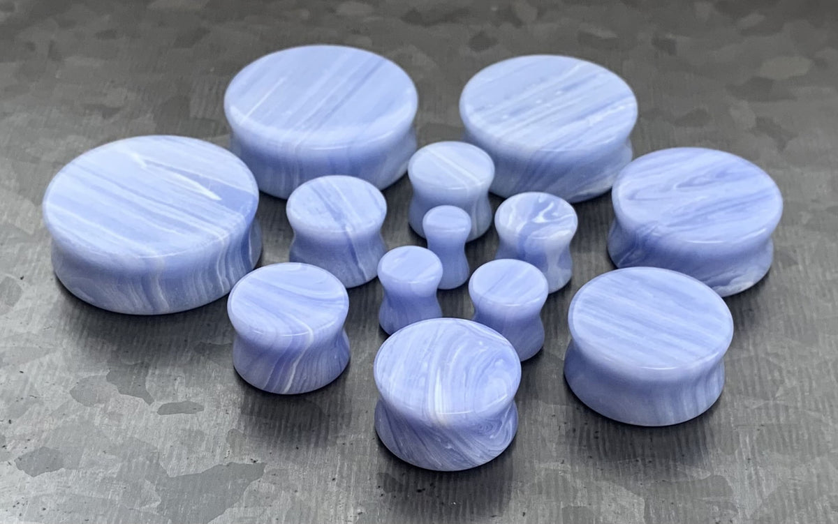Pair of Unique Blue Lace Agate Stone Double Flare Plugs - Gauges 2g(6.5mm) through 1&1/4"(32mm) available!