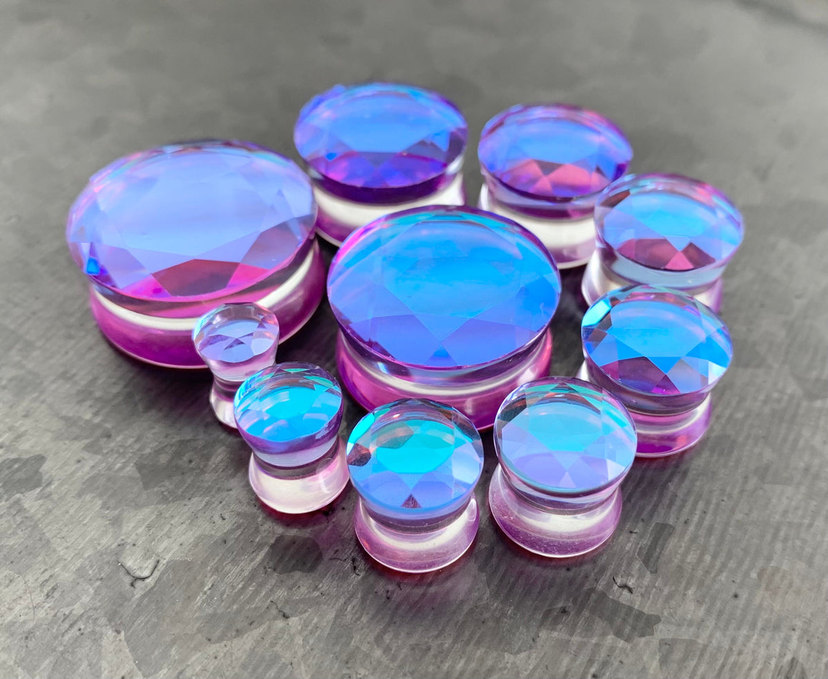 PAIR of Stunning Faceted Mermaid Iridescent Glass Double Flare Plugs - Gauges 2g (6.5mm) thru 1" (25mm) available!