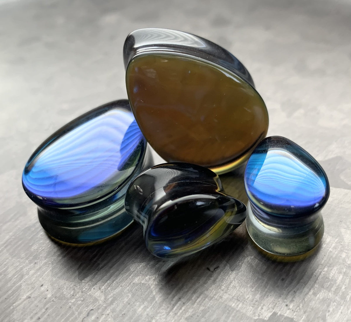 PAIR of Unique Midnight Moonstone Iridescent Double Flare Glass Teardrop Plugs - Gauges 2g (6mm) thru 1" (25mm) available!