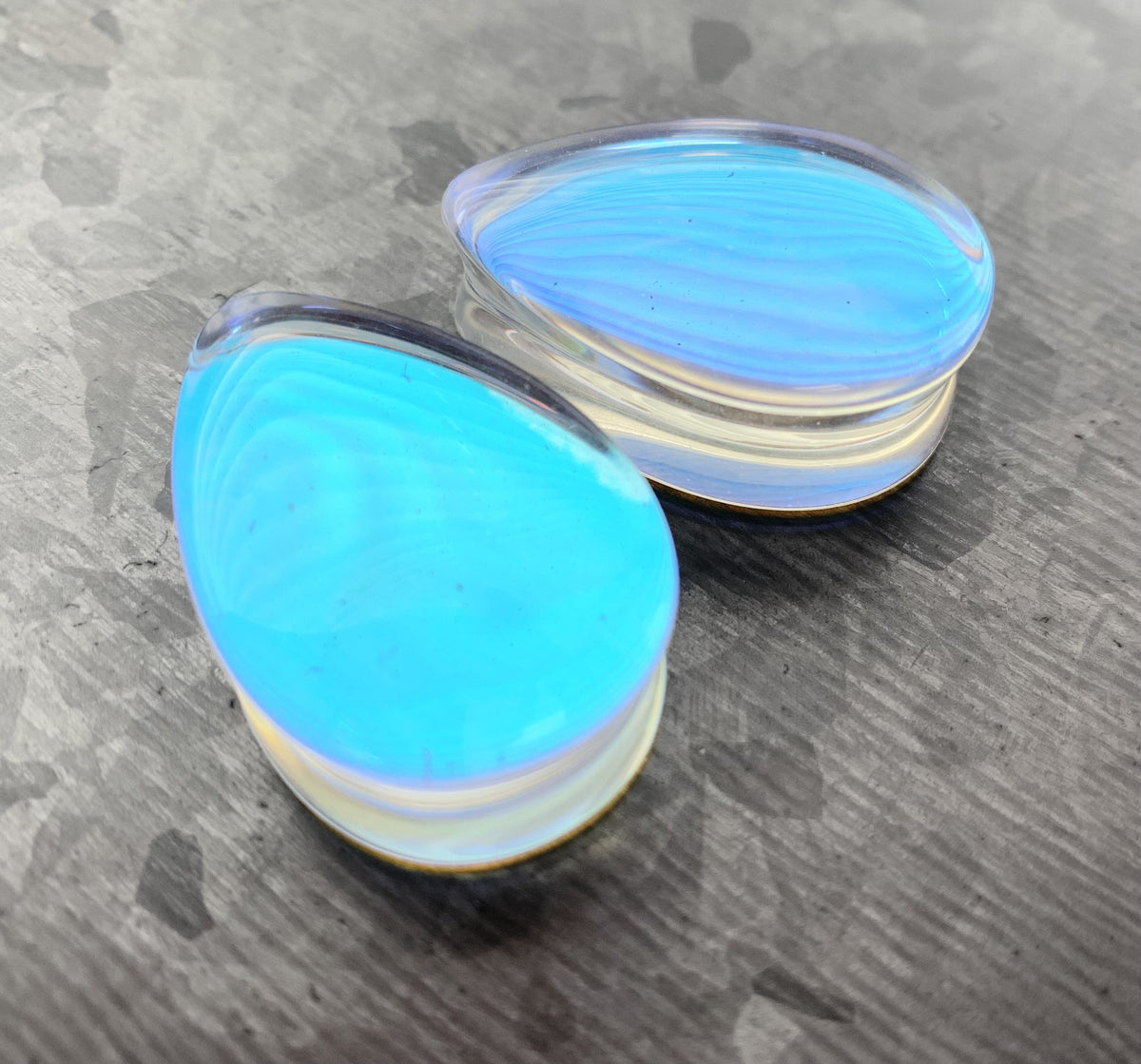 PAIR of Stunning Luminous Moonstone Iridescent Glass Teardrop Double Flare Plugs - Gauges 2g (6.5mm) thru 1"(25mm) available!
