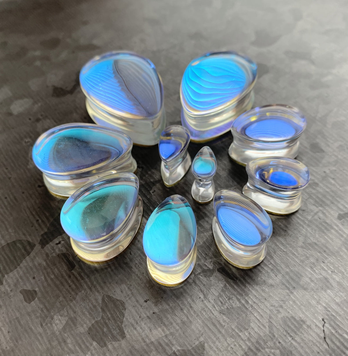 PAIR of Stunning Luminous Moonstone Iridescent Glass Teardrop Double Flare Plugs - Gauges 2g (6.5mm) thru 1"(25mm) available!