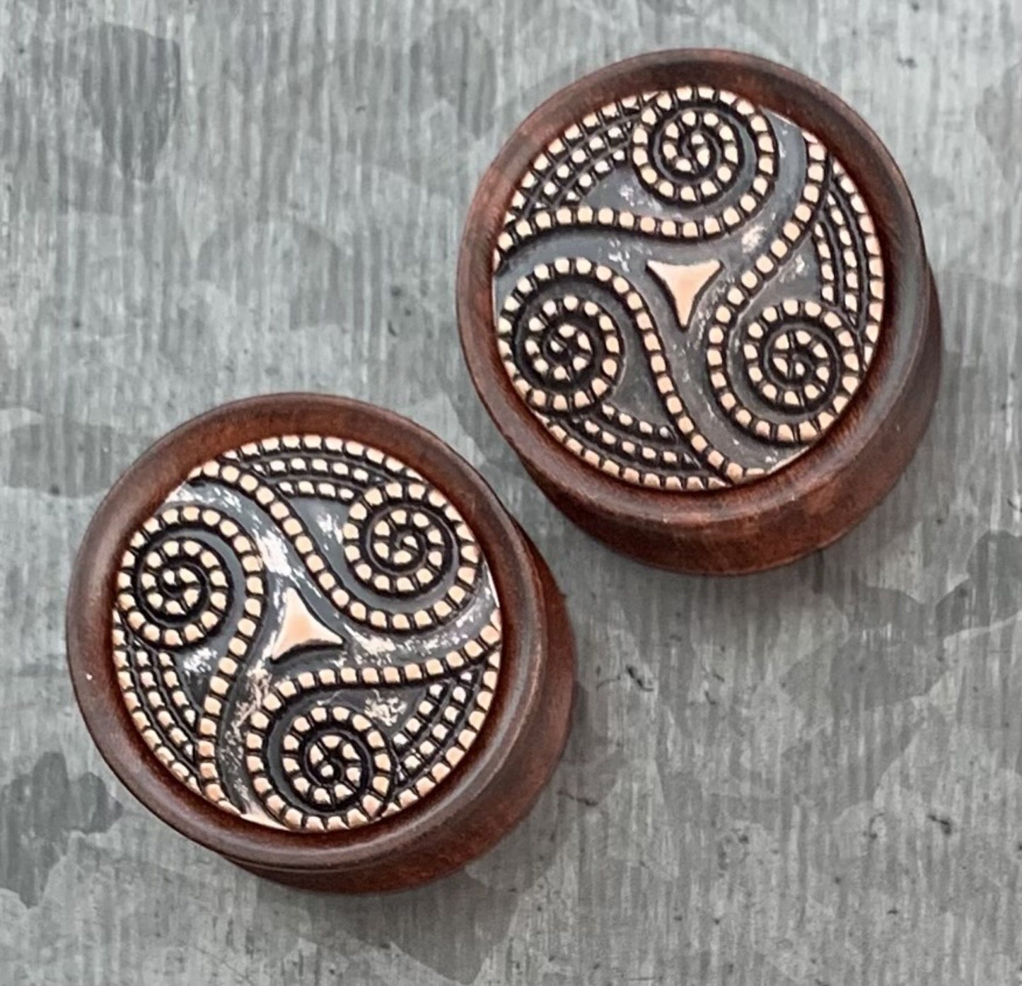 PAIR of Stunning Dotted Tribal Swirl Pattern Organic Rose Wood Saddle Plugs - Gauges 2g (6mm) up to 1" (25mm) available!