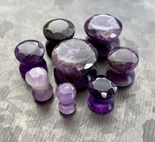 PAIR of Stunning Faceted Organic Amethyst Stone Double Flare Plugs - Gauges 4g (5mm) through 5/8" (16mm) available!