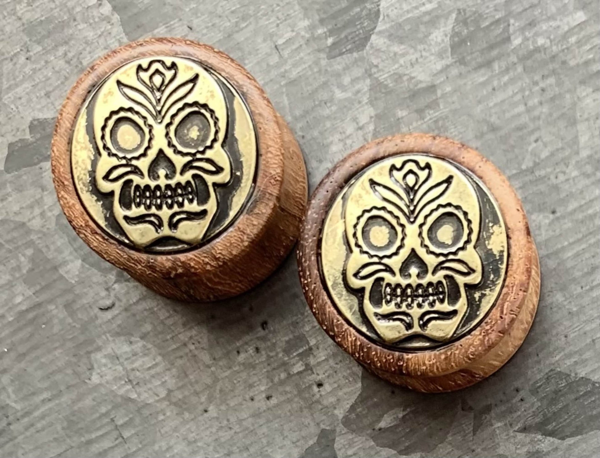 PAIR of Unique Organic Sono Wood Antique Gold Sugar Skull Shield Saddle Plugs - Gauges 0g (8mm) up to 5/8" (16mm) available!