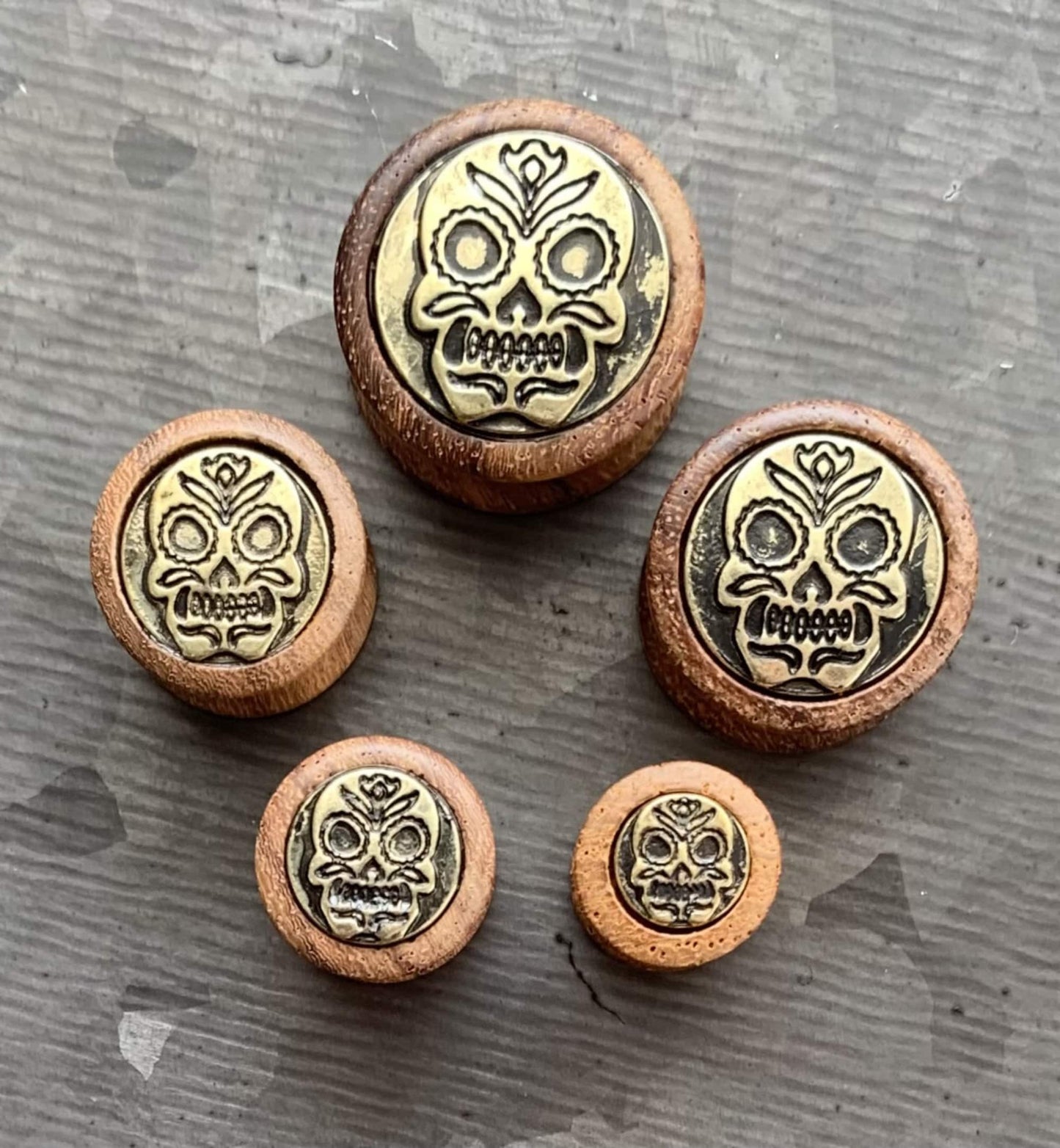 PAIR of Unique Organic Sono Wood Antique Gold Sugar Skull Shield Saddle Plugs - Gauges 0g (8mm) up to 5/8" (16mm) available!