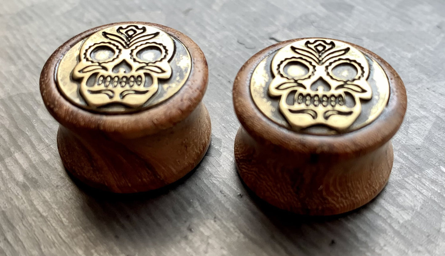 PAIR of Unique Organic Sono Wood Antique Gold Sugar Skull Shield Saddle Plugs - Gauges 0g (8mm) up to 5/8" (16mm) available!