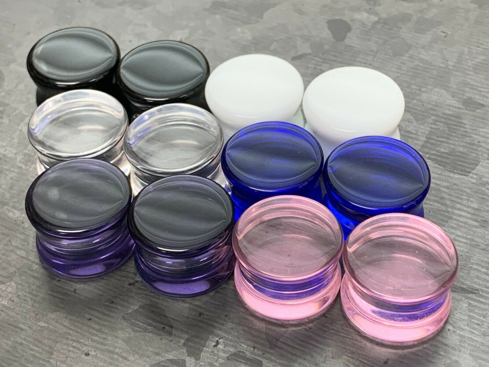 PAIR of Beautiful Flat Glass Double Flare Plugs - Black, Clear, White, Purple, Blue and Pink available!