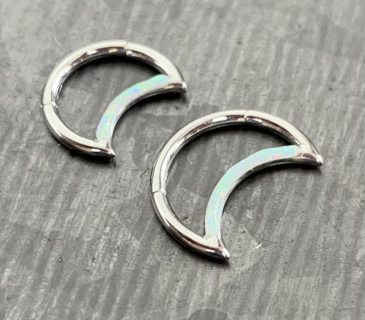 1 Piece Stunning Crescent Moon Opal Steel Front Hinged Segment Ring -16g - Choose 8mm or 10mm - Can be used for Septum, Helix & Daith!