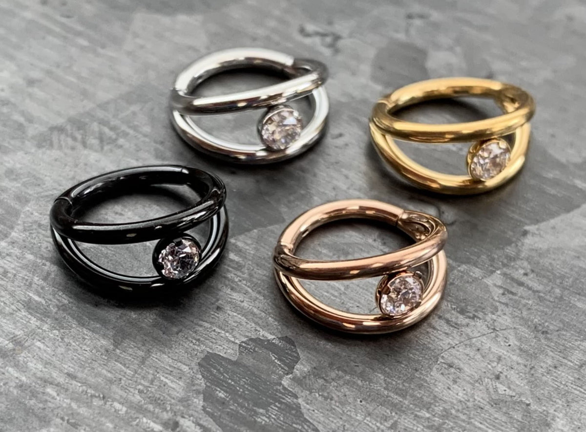 1 Piece Stunning Double Hoop Surgical Steel CZ Gem Hinged Segment Ring - 16g , 8mm - Can be used for Septum, Helix & Daith!